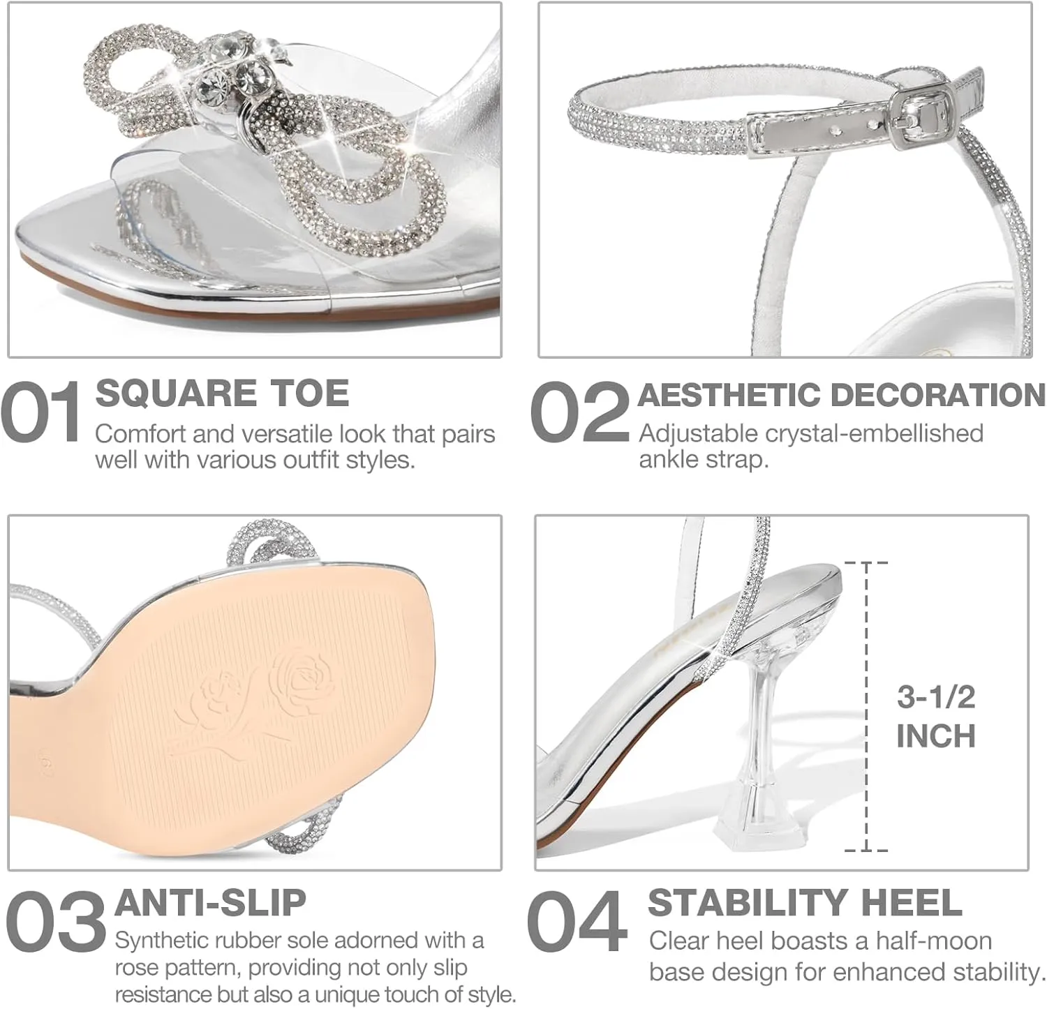 ZURIN Women's Rhinestone Bow Heels Square Toe Clear Heeled Sandals Slingback High Heels Dress Party Evening Prom Crystal Shoes