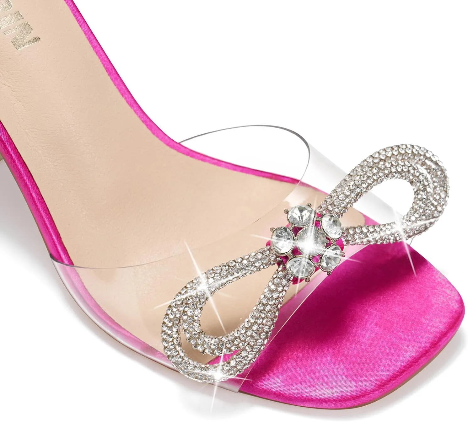ZURIN Women's Rhinestone Bow Heels Square Toe Clear Heeled Sandals Slingback High Heels Dress Party Evening Prom Crystal Shoes