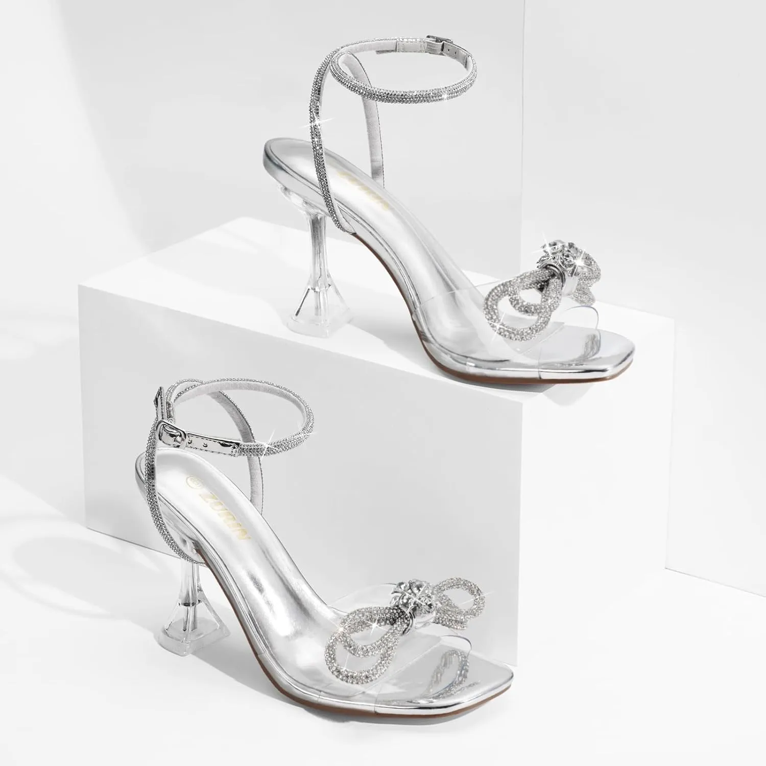 ZURIN Women's Rhinestone Bow Heels Square Toe Clear Heeled Sandals Slingback High Heels Dress Party Evening Prom Crystal Shoes